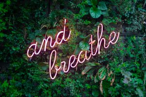 mental health and resilience training from wellspace blog with image showing neon sign saying 'and breathe' on a leafy background to depict mindfulness