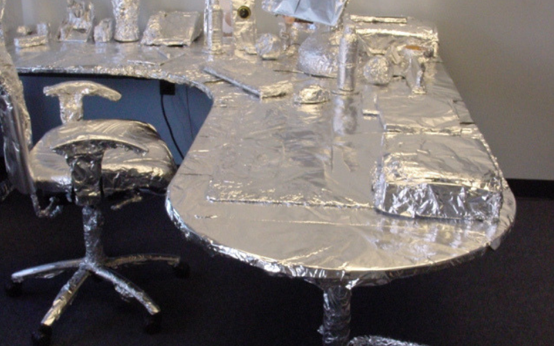 image of tin foiled wrapped office for blog on office pranks for wellspace blog