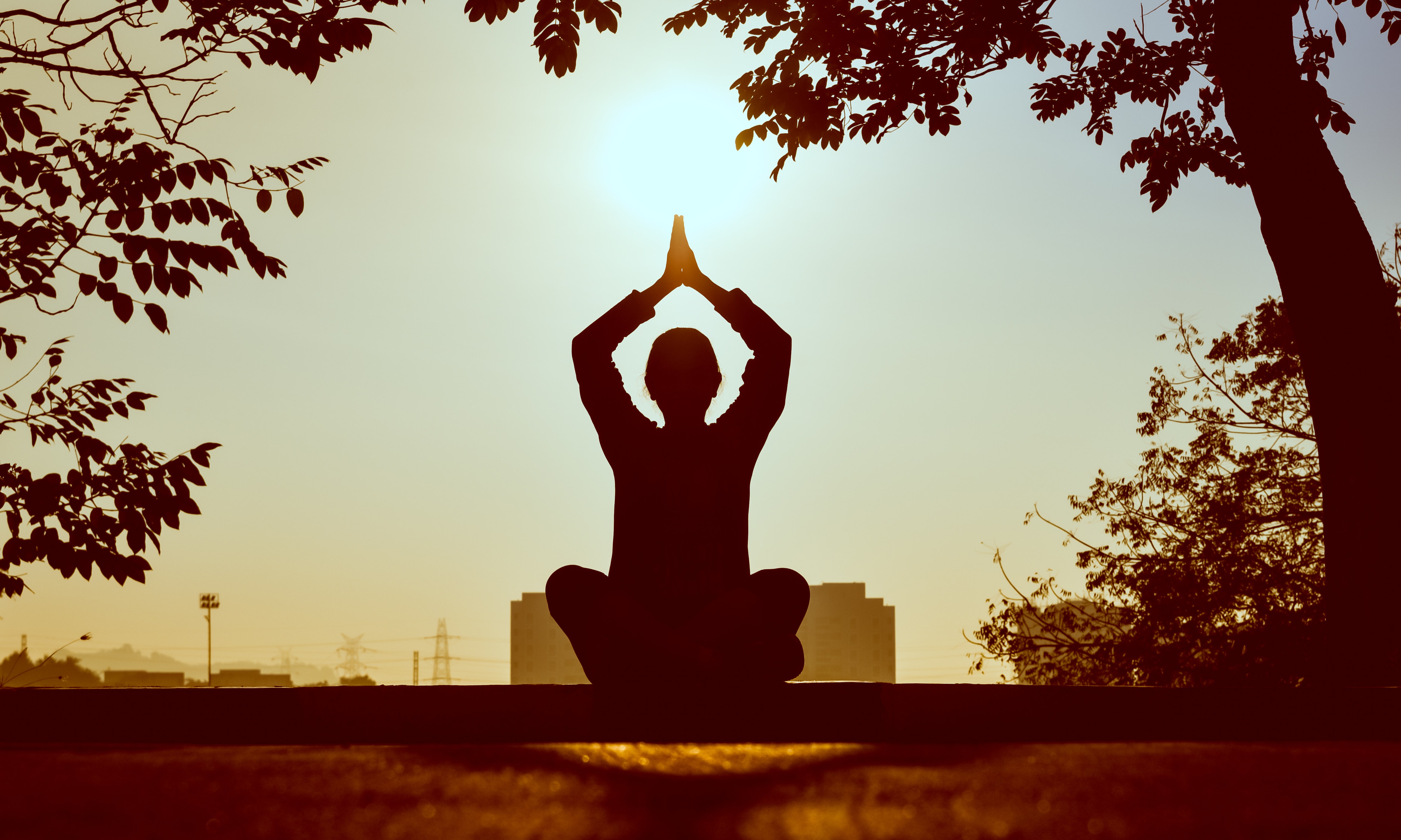 person practicing Yoga in a sunset for healthy office