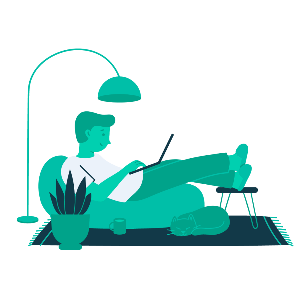 cartoon man lounging looking at a laptop for corporate wellbeing experts, Wellspace 